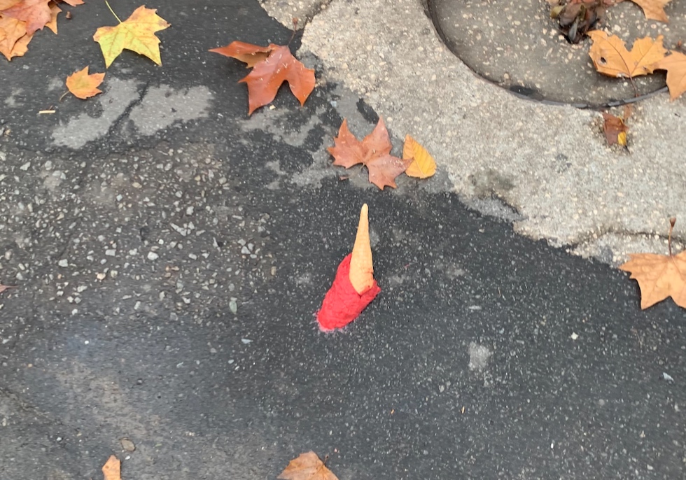 Cucurucho de frutilla caído en el asfalto con hojas de otoño.